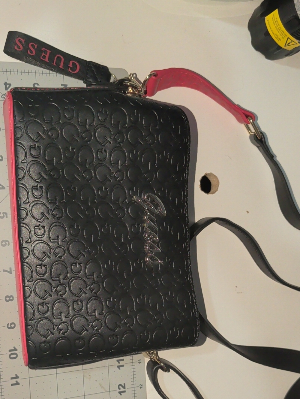 Guess Bianca Black Crossbody with Pink Trim and Strap